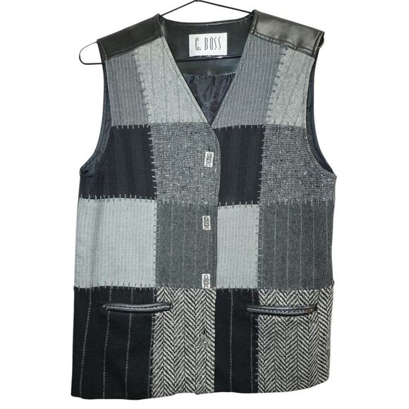 Vintage G. Boss Patchwork Wool & Leather Vest Gray Black Geometric – Size L - Picture 3 of 8